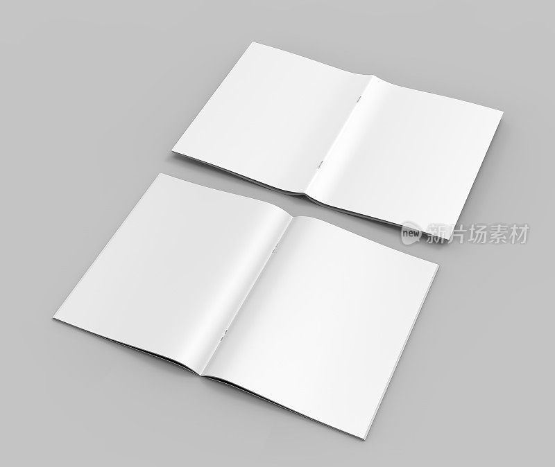 空白白色订订目录，杂志，小册子模拟在灰色的背景。3 d渲染插图。